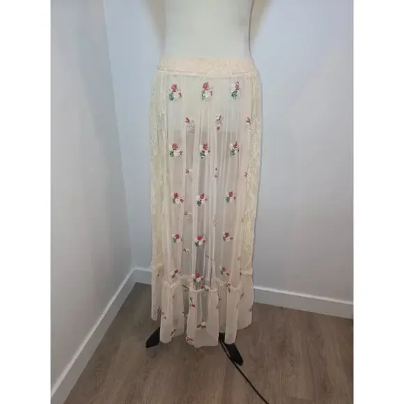 Sheer Skirt Small Cream Lace Embroidery Floral Whimsical Fairy Festival Keilah - Picture 7 of 10